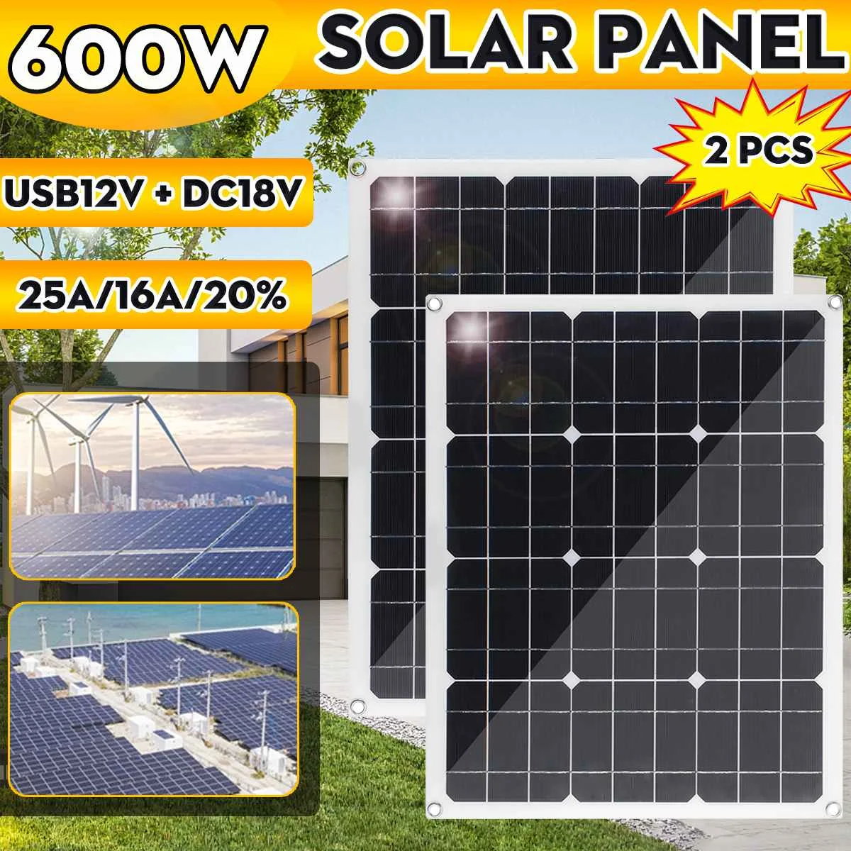 

600W 300W Solar Panel Kit Complete Dual 12/5V DC USB Outdoor Battery Supply Solar Cells for Car Yacht RV Battery Charge