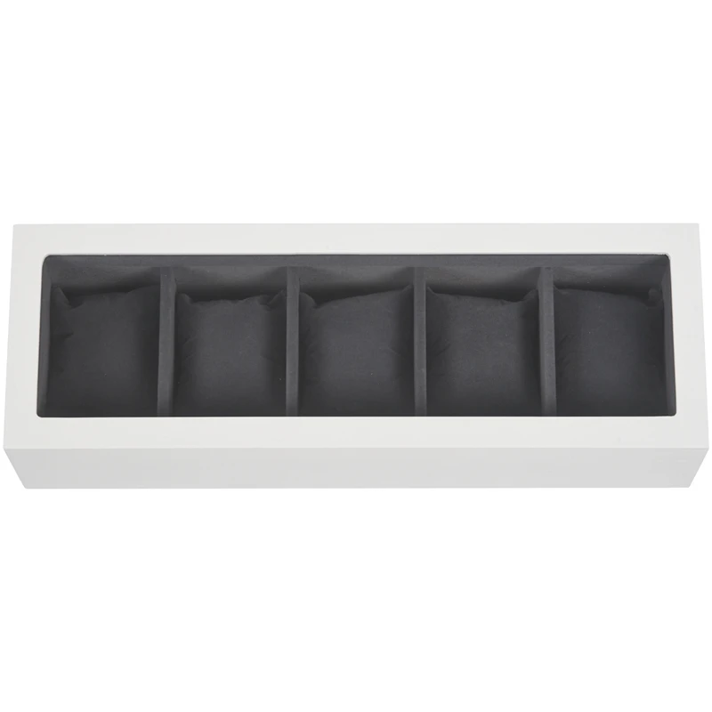 

White Wooden 5 Slot Watch Box Black Flannel Small Pillow Pad Display Watch Storage Box