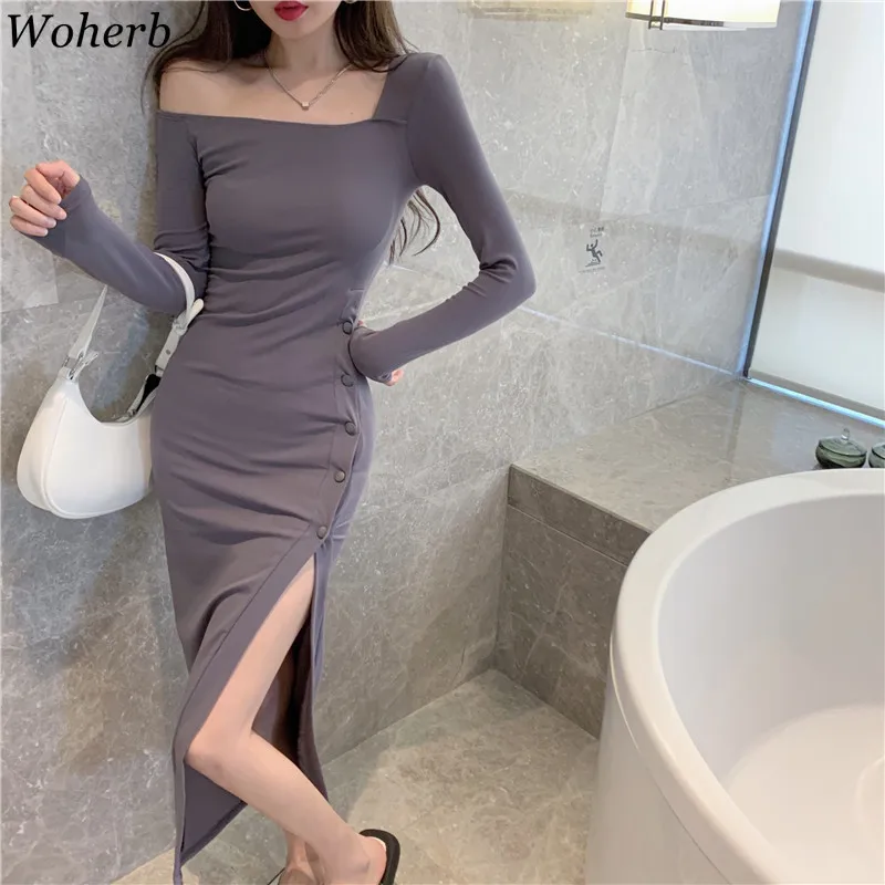 

Sexy Maxi Dresses Women Slim Knit Temperament Robe Irregular Off Shoulder Vestidos Mujer Button Split Bodycon Y2k Dress