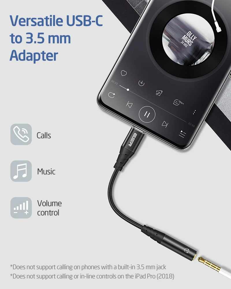 Переходник ESR с USB C на 3 5 мм AUX для наушников типа аудиокабель iPad Pro 11 2020 Samsung S20