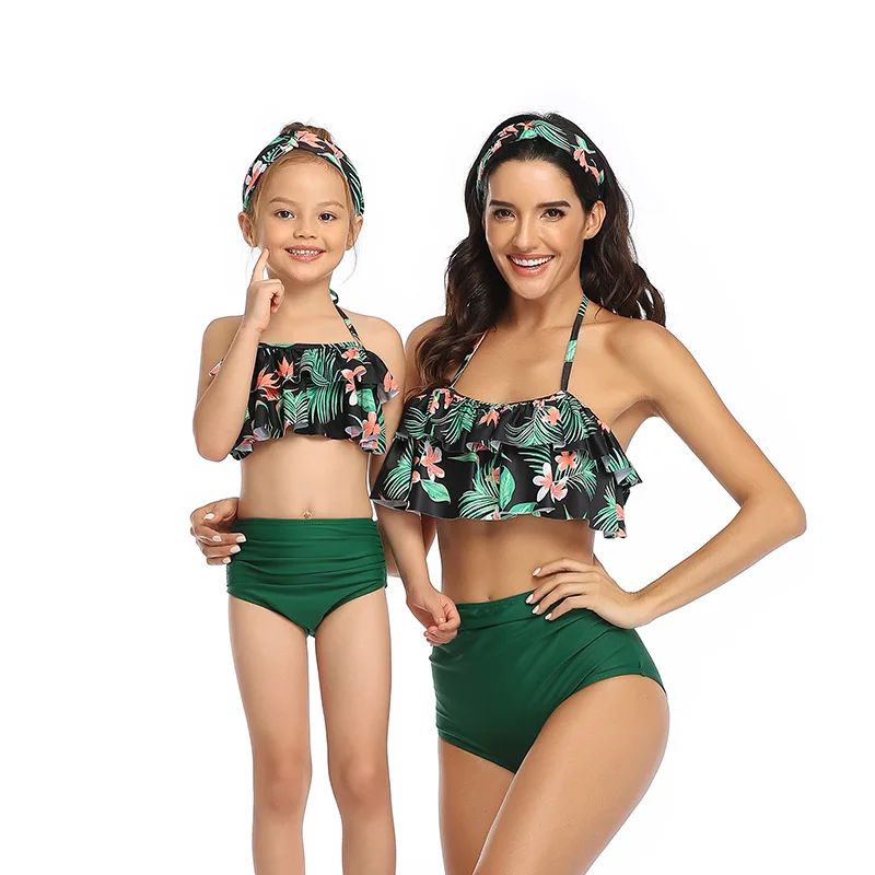

Parent child swimsuit printed bikini Ruffle mother daughter swimsuit beach suit high waist swimsuit 2021 new 2-piece swimwear