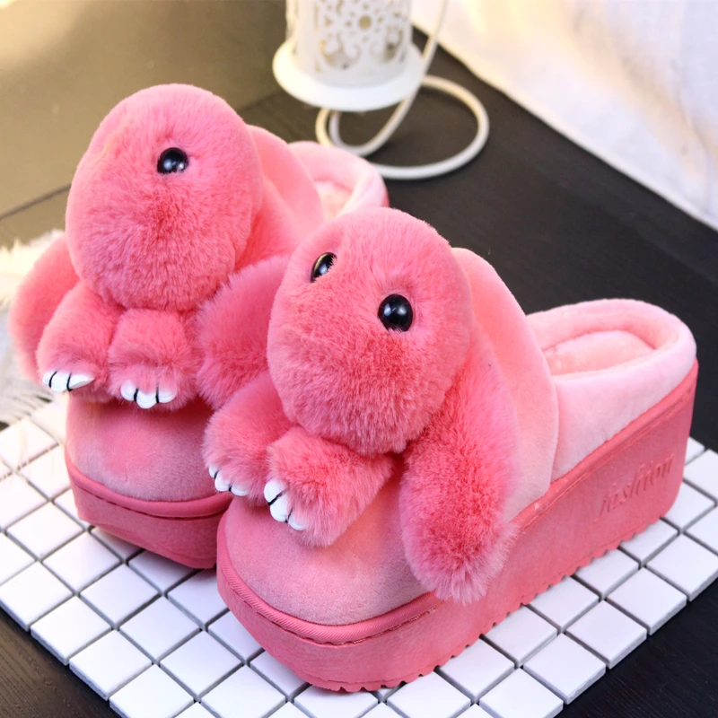 Искусственный мех Женские тапочки с зайчиком зимние теплые 5 см на высоком