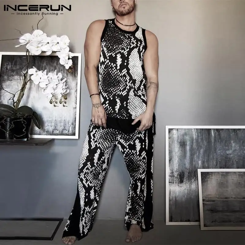 

Fashion Men Casual Sets Printed Patchwork Streetwear O-neck Sleeveless Tank Tops & Pants Two Pieces Sets Men Suits INCERUN 5XL 7