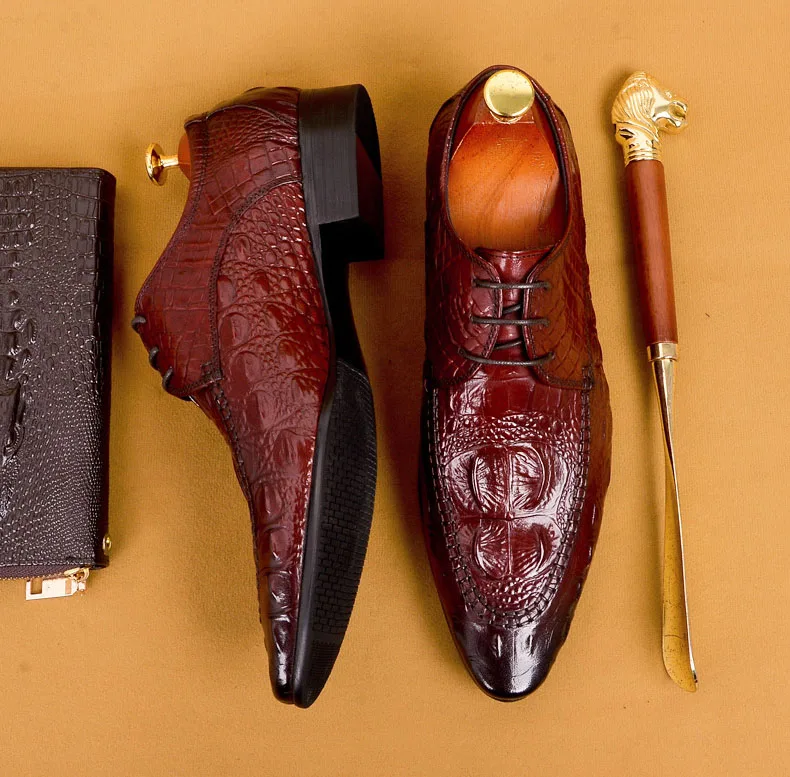 

QYFCIOUFU Mens Formal Shoes Genuine Leather Oxford Shoes For Men Italian 2019 Dress Shoes Wedding Party Laces Crocodile Shoes