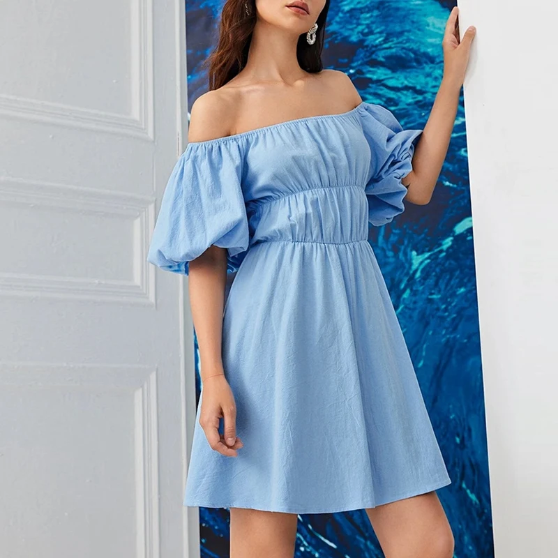 

Women's One-Line Neck Short Puff Sleeve Mini Dress Fashion Solid Color Dress