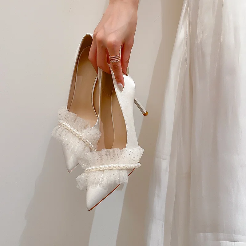 

White Women's Party Bridal Stilettos High Heels Shoes Pearls Satin Lace Decor S30