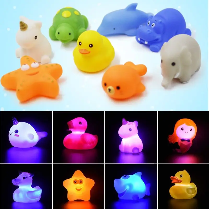 

7 Types Baby Flashing Bathing Toy Glowing Water Floating Animals Dolphins Automatic Led Lighting up Beach Classic Toys Wholesale
