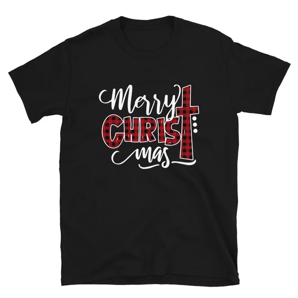 

Merry Christmas Buffalo Plaid Cross Xmas Gift Graphic Tee T-Shirt