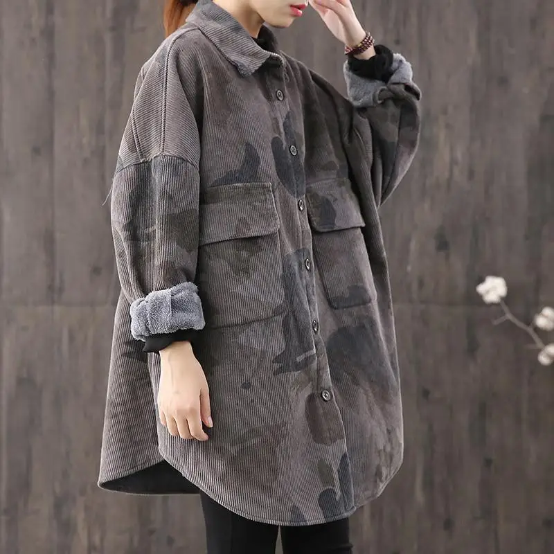 

2020 Women Autumn Winter Jacket Thick Office Lady Pockets Coat Vintage Camouflage Corduroy Jackets Mid-length Woman Jacket S01