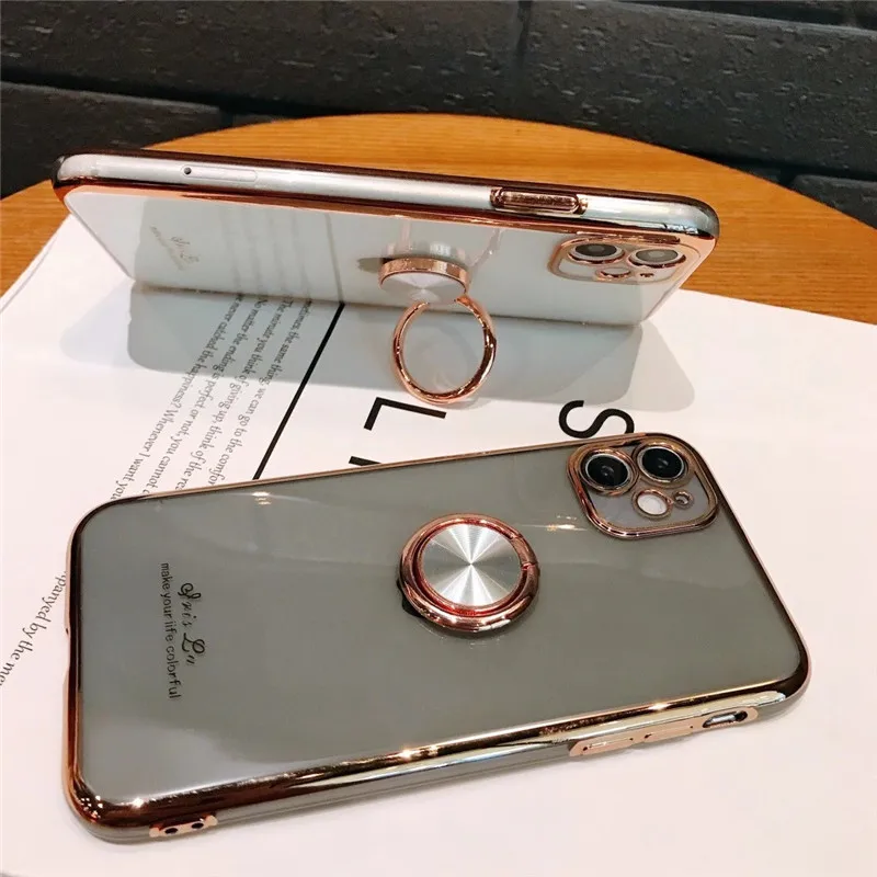 

Fluorescent plating transparent metal ring holder bracket silicone Phone Case For iPhone 11 Pro Max XS XR X 8 7 plus SE 20 Cover