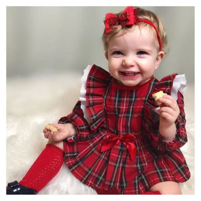 

2021 Baby Girls Christmas Set Clothing Long Sleeve Plaid Ruffle Dress Two-piece Shorts Dress Short Outfit Set for 0-24 Months