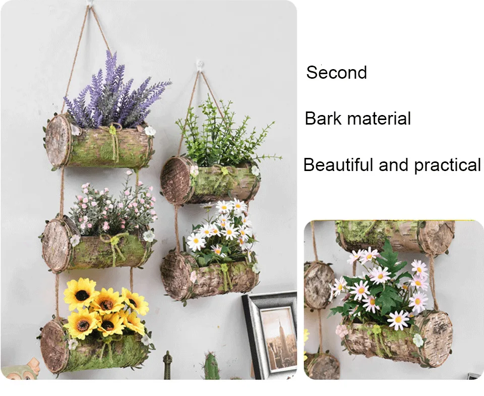Household Wall Hanging Flower Pot Natural Bark Flower Pot Handmade Hemp Rope Bow Vertical Flower Pot Creative Wall Decoration