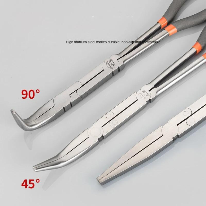 

Premium 5Pcs 11" Long Reach Plier Set Straight 90 45 20 Bent Double-X Hose Grip Pliers Set Ring Nose Pliers Kit Hand Tools