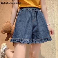 qiukichonson summer shorts women japanese kawaii teen girls frilly hem wide leg pant elastic high waist denim shorts jean femme