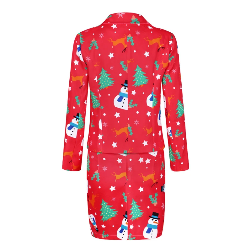 

Cute Snowman Mistletoe Printed Christmas Suit Skirt Set for Women Xmas Party Kawaii Ladies Red Christmas Blazer & Skirt Set