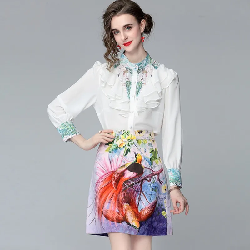 

Женский шифоновый костюм из 2 предметов, Элегантная блузка с воротником-стойкой и оборками и мини-юбка с высокой талией и принтом, весна 2021