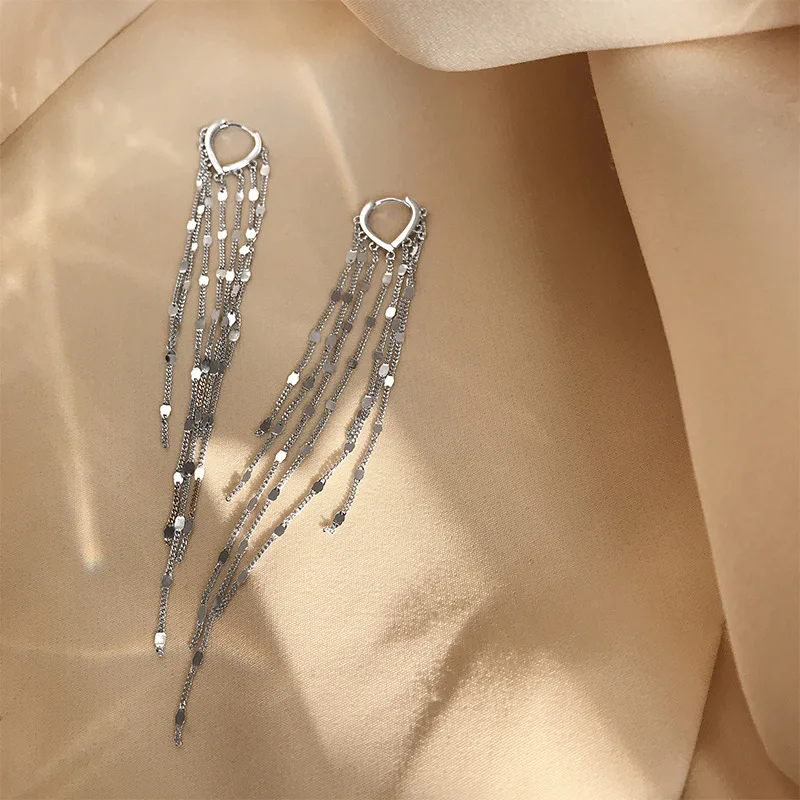 

925 Sterling Silver Tassel Long Heart Shape Korean Drop Earring For Women Fashion Wedding Jewelry eh1464