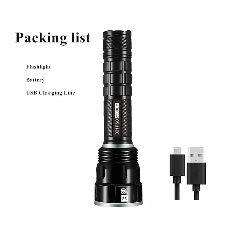 

Warsun X80 High Powerful 2500 Lumen Tactical Brightness XHP50 LED Waterproof USB Rechargeable Torch Aluminum Zoom Flashlight