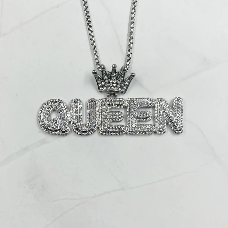Female Letter Queen Pendant Necklaces with rhinestone Women Hip Hop Jewelry Statement Long Gold Silver color Ladies Gifts | Украшения и
