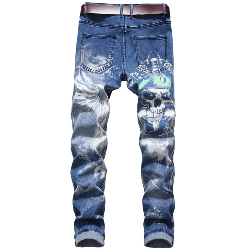 Skinny Jeans Men Straight Slim Fit Hip Hop Jean 3D Colored Printed Skull Designer Denim Jeans Pants Male Casual Trousers