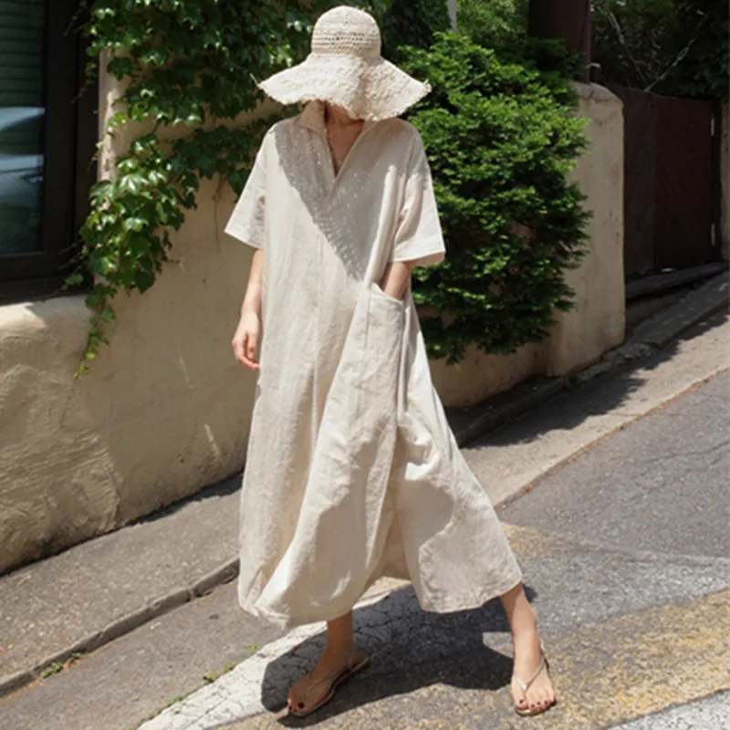 Корейское Свободное длинное платье выше колена винтажное хлопково-льняное в