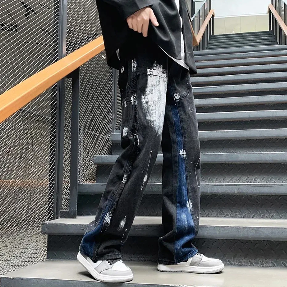 Джинсы-клеш мужские в стиле Харадзюку модные штаны из денима пэчворк
