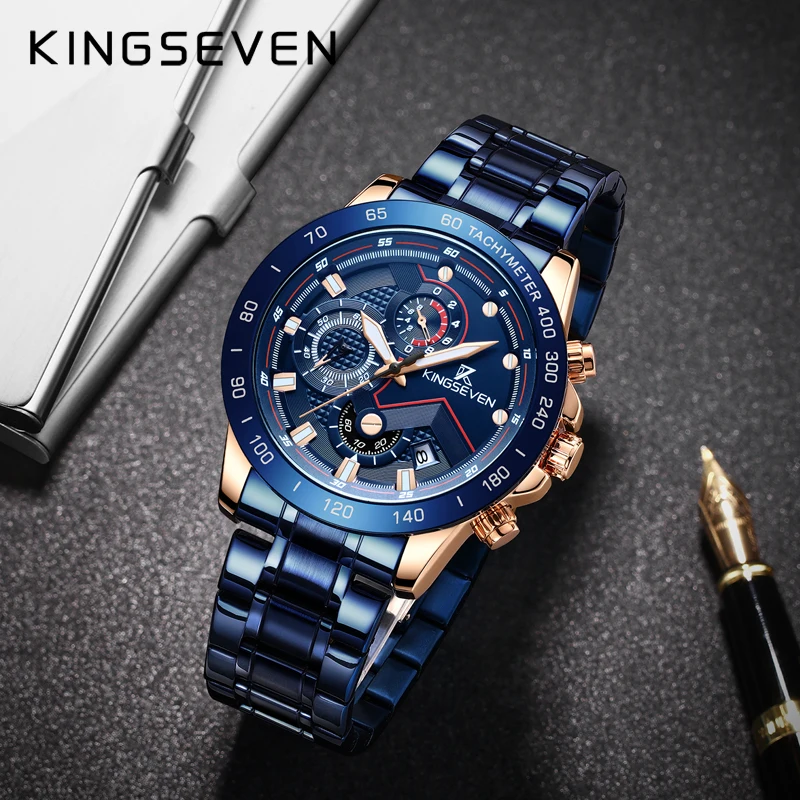 

kingseven Fashion Mens Watches Brand Luxury WristWatch Quartz Clock Blue Watch Men Waterproof Sport Chronograph Relogio Mascu