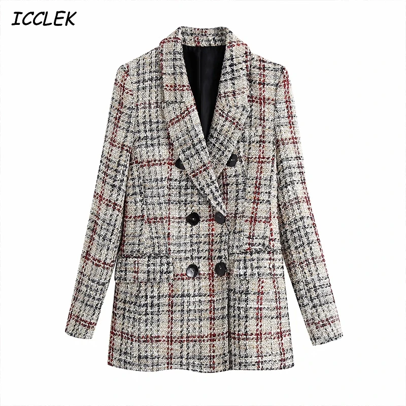 

Женские блейзеры Icclek, винтажные куртки в клетку, пальто, деловой твидовый блейзер для офиса, осенний длинный женский блейзер