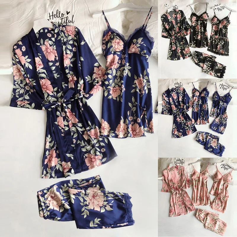 

Women Pajamas Sets Satin Sleepwear Silk 5 Pieces Nightwear Pyjama Spaghetti Strap Lace Sleep Lounge Pijama With Chest Pads