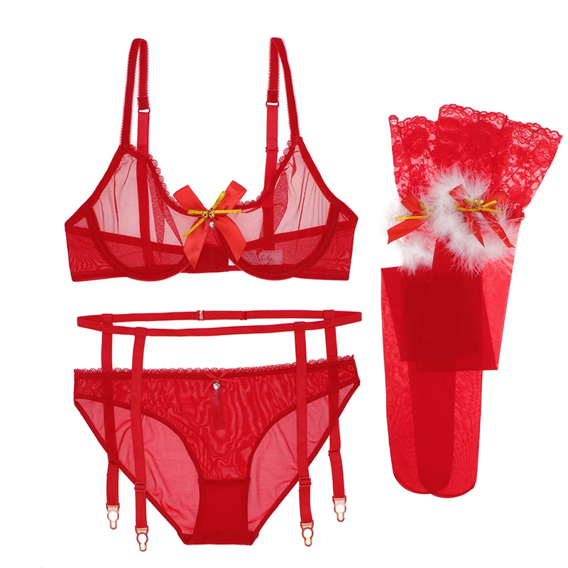 Varsbaby sexy transparent underwear set 6 pcs bras+panties+garters+stockings+antler headband+nightgown christmas big red bra set