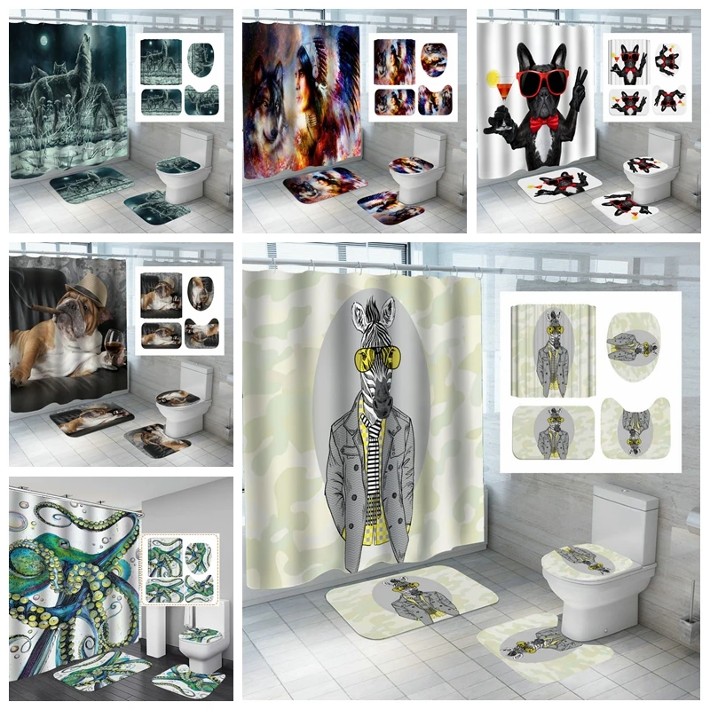 

3D Cartoon Cat Dog Wolf Shower Curtain For Children Bathroom Waterproof Fabric Nonslip Toliet 4PC Set Seat Cover Antiskid Mat