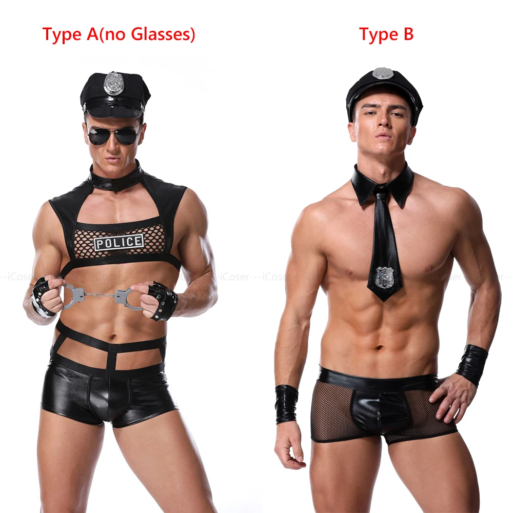 

2 Types Men Sexy Police Costume Male Cop Black Sexy Lingerie Hot Erotic Uniform Police Officer Role Play Clubwear Men Lover Gift