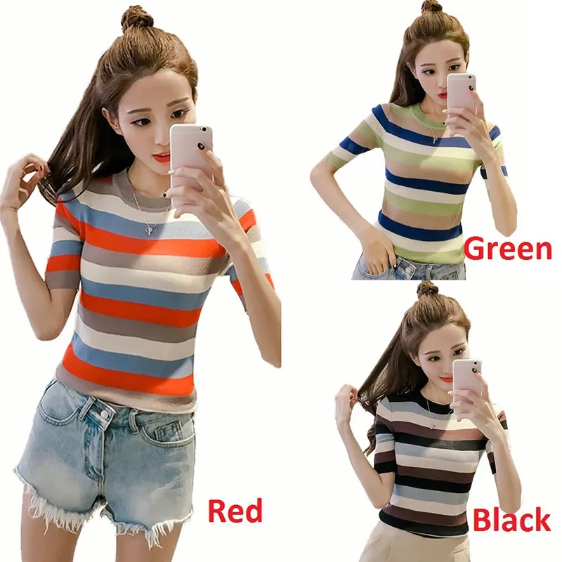 

Women's Casual T-Shirt Sweet Slim Knitted Tee Tops O Neck T Shirt Striped Short Sleeve Ladies t shirt 1