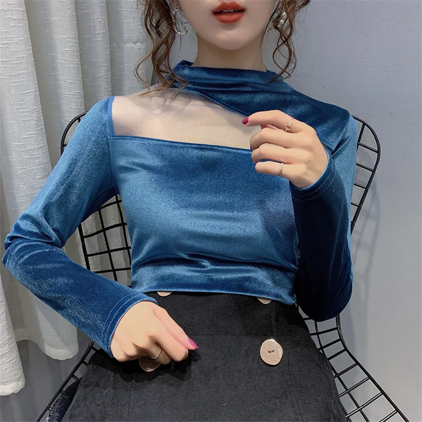 

Autumn Winter Vintage Velvet Blouse Womens Tops And Blouses Korean Fashion Sexy Mesh Patchwork Undershirt Blusa Feminina