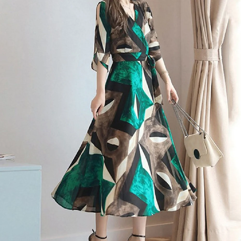 

22 New Years Bohemian Slim Short Sleeve Dress Print Half Sleeve Mid-Calf V-Neck Mid Waist Women's Dress