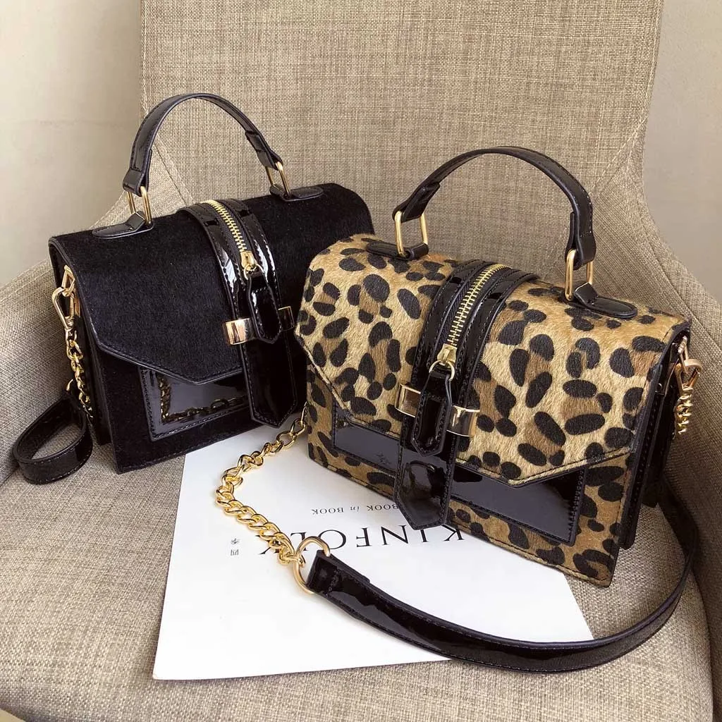2019 women's leopard handbags PU leather shoulder bags solid black and burgundy Crossbody Bags For Women lady chain Bag#35 | Багаж и
