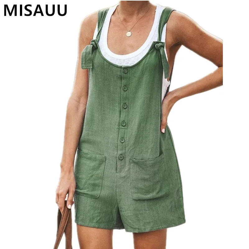 

S-3XL Women Rompers Summer Casual Loose Jumpsuit Solid Button Pocket Short Pants Wide Leg Playsuits Overalls Plus Size