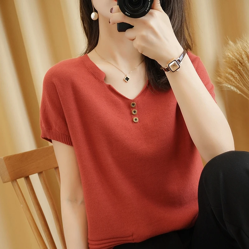 

MVLYFLRT Cotton And Linen Knitted T-Shirt Women 2021 Summer New Style V-Neck Short-Sleeved Loose Pullover Cotton Top Button