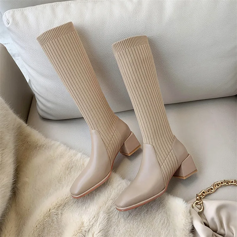 

ANNYMOLI Women Knee High Boots Shoes Real Leather High Heel Long Boots Square Toe Block Heels Slim Boots Winter Apricot 33-40