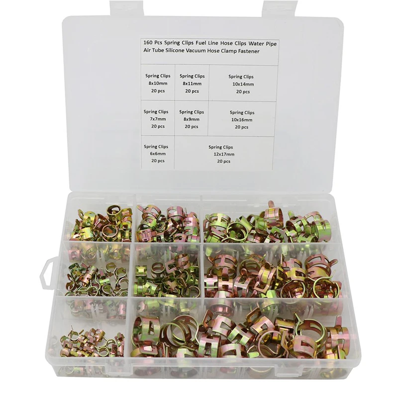 

160PCS Spring Band Type Action Fuel Line Silicone Vacuum Hose Pipe Clamp Low Pressure Air Clip Clamps Fasteners Assortment Kit