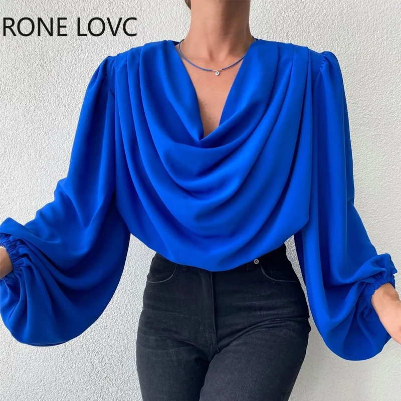 

Women Solid Elegant Cowl Neck Lantern Sleeves Women Working Blouse Tops