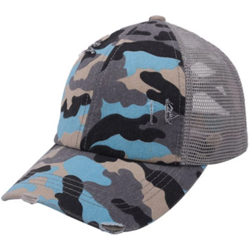 

Women Camouflage Mesh Baseball Cap Distressed Criss Cross Ponytail Trucker Hat