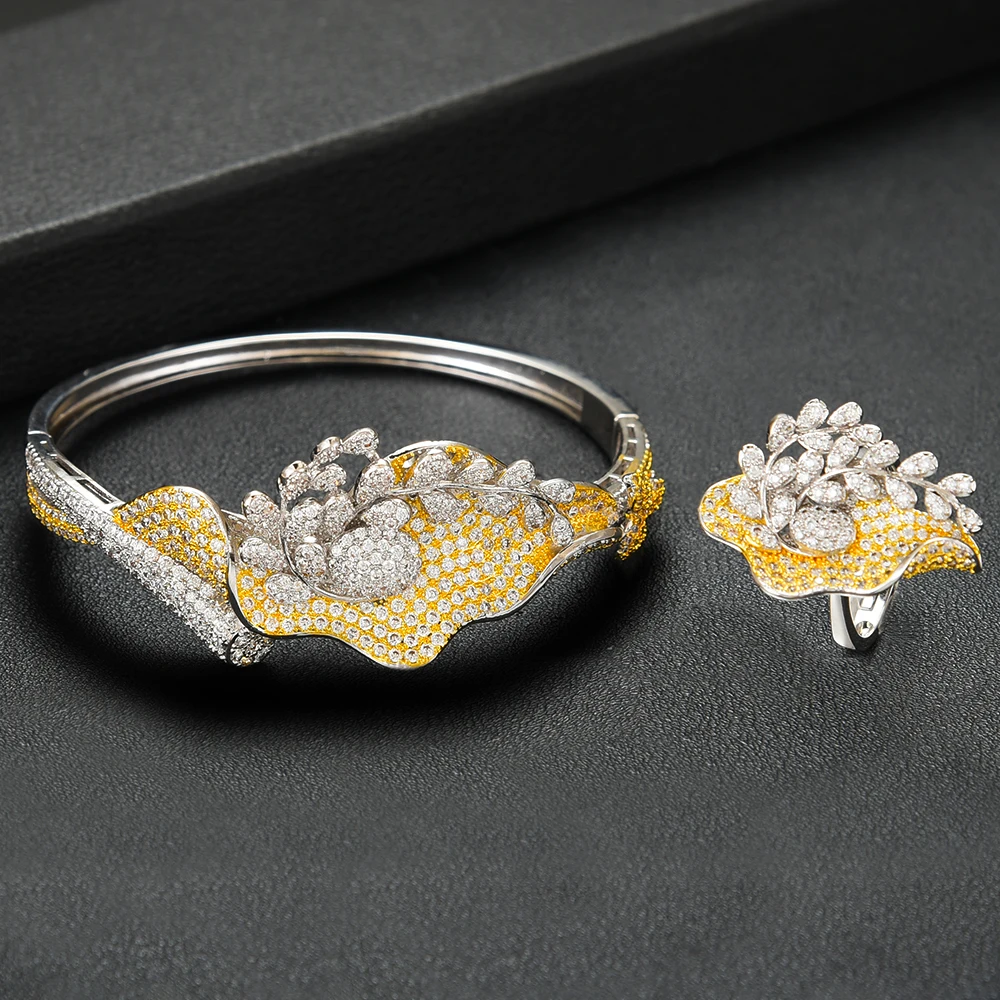 

SISCATHY 4Pcs Statement Necklace Earring Bangle Ring Set Luxury Nigerian Dubai Jewelry Sets For Women Wedding Accessories