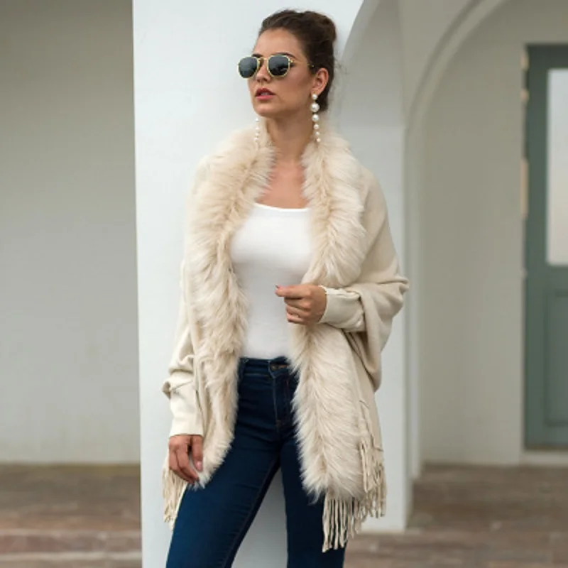 

Fake Fur Collar Cardigan Poncho Tassel Solid Coat 2021 Women Casual Loose Shawl