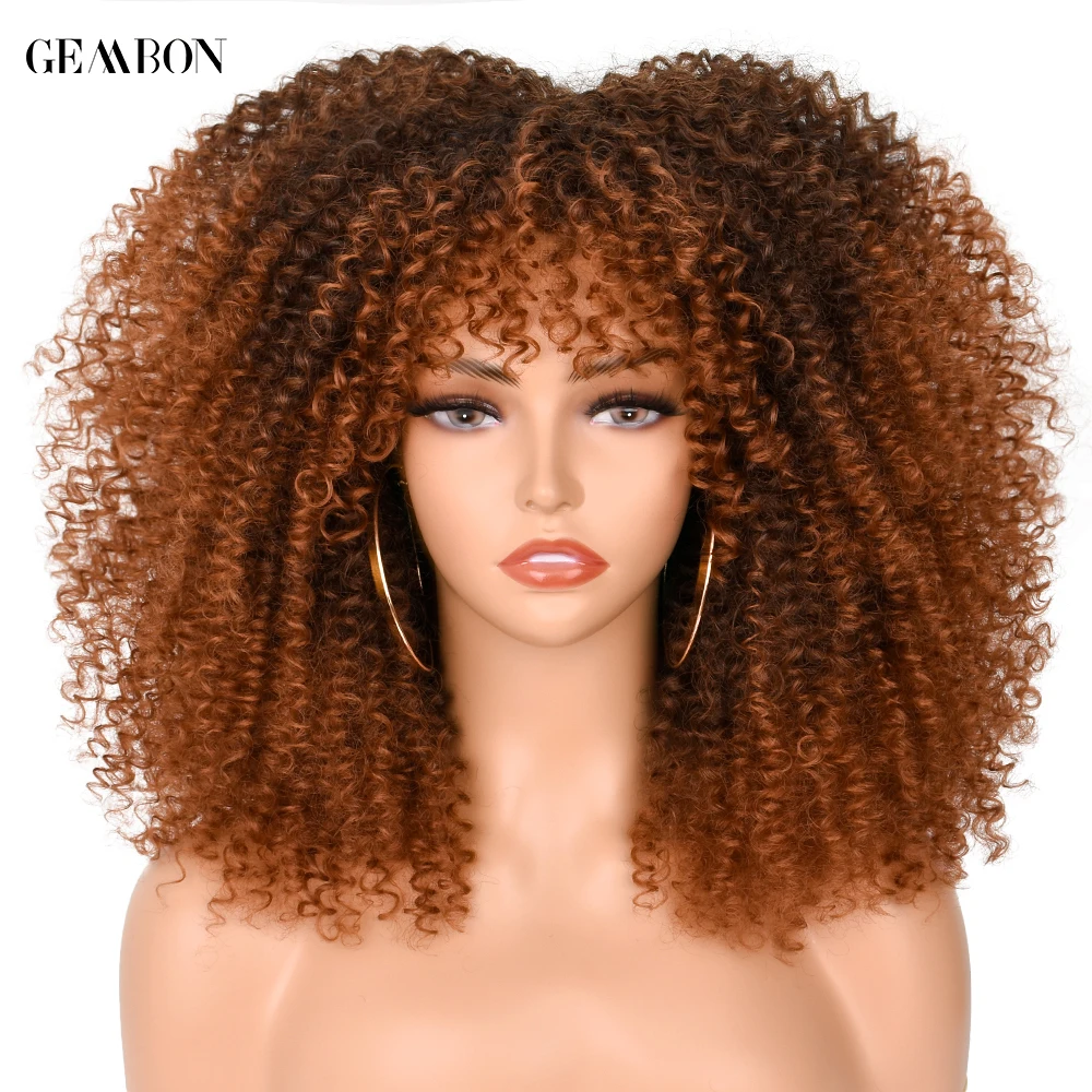 Afro Curly Wig With Bangs For Black Women Cosplay Lolita Synthetic Wig Natural Glueless Brown Mixed Blonde Wigs 16