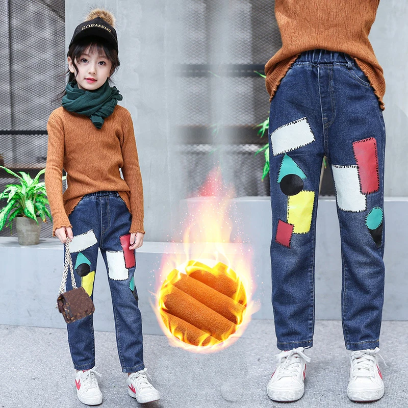 Джинсы для девочек зимние детские джинсовые брюки плотные теплые штаны