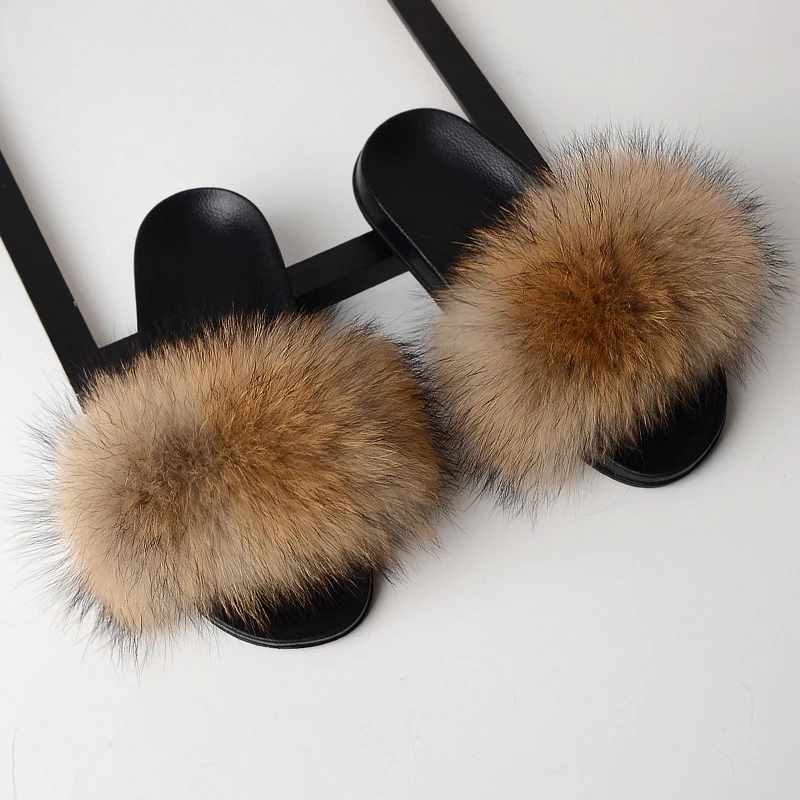 

Female fur slippers fashion high quality real fox furry hair slide flat sandals female cute cute family shoes woman