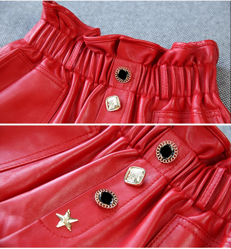

RY9605 Spring Women Harajuku Genuine Leather Flare Diamond Lace Up Falbala Shorts Elastic Waist Casual Mujer Sexy Booty Short