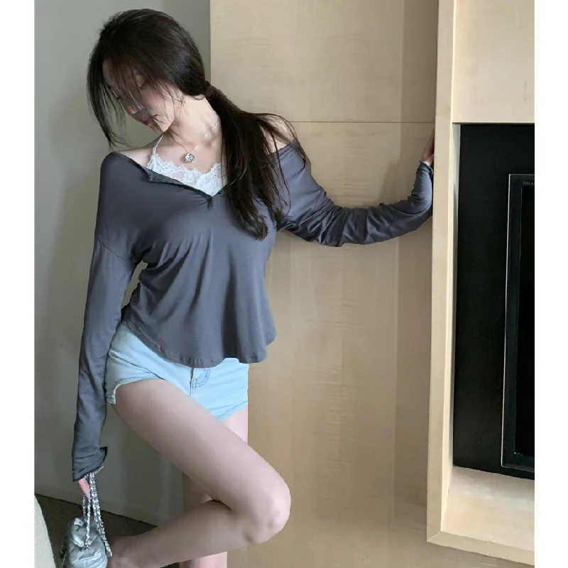 

Half Open Collar Woman Tshirts Autumn Clothes Sun Protection Skinny Thin Sexy Korean Version Solid Color Long Sleeve Ladies Tops