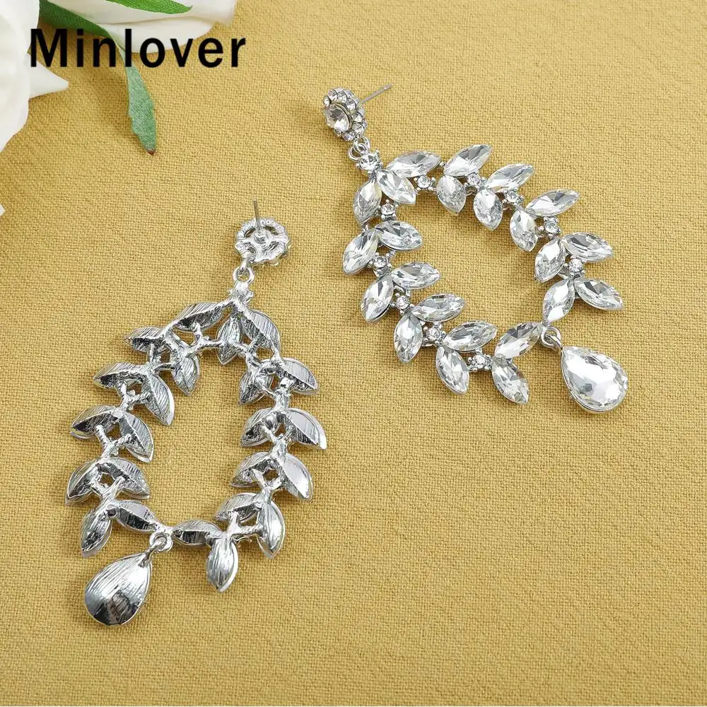 

Minlover Unique Leaf Branch Crystal Dangle Earrings Wedding Jewelry Luxury Silver Color Bridal Pandent Earrings for Women EH1737